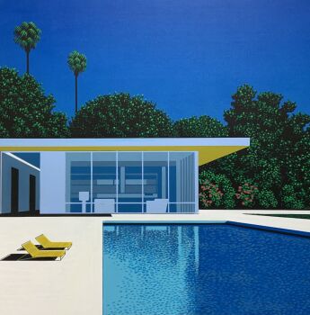 Rule 34 | blue sky, building, chair, commentary request, day, highres, hiroshi nagai, lounge chair, no humans, original, outdoors, palm tree, pool, sky, traditional media, tree, water