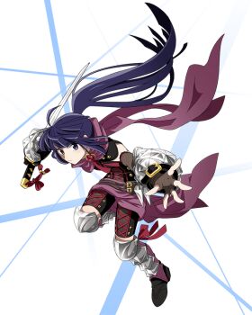 Rule 34 | 1girl, akatsuki (log horizon), belt, black footwear, black shorts, elbow gloves, female focus, fingerless gloves, fishnet gloves, fishnets, floating hair, full body, gloves, holding, holding sword, holding weapon, katana, log horizon, log horizon new adventure land, long hair, looking at viewer, official art, outstretched arm, ponytail, purple eyes, purple hair, purple scarf, scarf, shorts, solo, sword, transparent background, very long hair, weapon