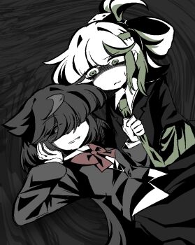 2girls black_background black_cloak black_eyes black_hair black_jacket black_skirt bow bowtie cloak clothes_grab collared_shirt colored_skin commentary crazy_eyes deltarune dice dice_hair_ornament dress_shirt empty_eyes frown genderswap genderswap_(mtf) green_eyes green_hair green_jacket green_necktie green_pippins green_streaks hair_ornament hairclip hairpin hand_on_own_face highres humanization jacket leaning_forward long_bangs long_hair long_skirt long_sleeves lying multiple_girls muted_color necktie necktie_grab neckwear_grab on_back pippins_(deltarune) priswocaer red_bow red_bowtie scribble_background shaded_face shadow shirt sidelocks simple_background single_eyebrow skirt small_mike_(deltarune) suit_jacket sweatdrop utdr_(toby_fox) white_hair white_shirt white_skin