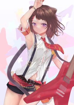 1girl bang_dream! black_shorts brown_hair button_gap closed_mouth commentary cone_hair_bun detached_sleeves electric_guitar guitar guitar_strap hair_bun hair_ornament highres holding holding_guitar holding_instrument holding_plectrum instrument looking_at_viewer medium_hair midriff_peek necktie plectrum purple_eyes red_necktie shirt shorts sleeveless sleeveless_shirt solo star_(symbol) star_hair_ornament sunnysalt_08 toyama_kasumi white_background white_shirt