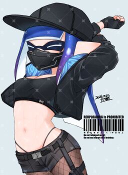 1girl absurdres baseball_cap black_gloves black_hat black_jacket black_shorts blue_hair breasts closed_eyes commentary_request crop_top cropped_jacket dated fingerless_gloves fishnet_pantyhose fishnets gloves gradient_hair grey_background hat highres inkling inkling_girl inkling_player_character jacket large_breasts long_hair mask mouth_mask multicolored_hair navel nintendo open_clothes open_jacket pantyhose pointy_ears purple_hair ry_hikaru short_shorts shorts simple_background solo splatoon_(series) splatoon_3 tentacle_hair two-tone_hair watermark