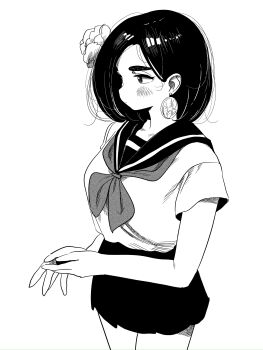 1girl absurdres earrings flower food-themed_earrings food_themed_earrings greyscale hair_flower hair_ornament highres jewelry lemon_earrings looking_to_the_side medium_hair monochrome neckerchief original own_hands_together ryusei_hashida sailor_collar school_uniform serafuku shirt simple_background skirt solo