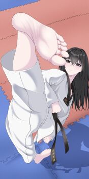 1girl absurdres barefoot black_eyes black_hair dfg_(user_jwze7838) dougi feet high_kick highres karate_gi kicking long_hair martial_arts soles toes