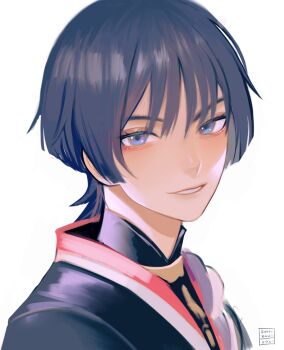 1boy black_shirt blue_eyes blue_hair collared_shirt commentary english_commentary genshin_impact highres kookirani male_focus parted_lips portrait scaramouche_(genshin_impact) shirt simple_background smile solo upper_body white_background wolf_cut