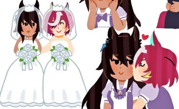 2girls :d ^_^ animal_ears astronghouse black_hair bouquet bridal_veil bride closed_eyes commentary couple dark-skinned_female dark_skin dress eyepatch female_focus flower full_body heart holding holding_bouquet horse_ears horse_girl irasutoya kiss kissing_cheek korean_commentary looking_at_another mifune_takashi_(style) multicolored_hair multiple_girls open_mouth purple_shirt red_hair sailor_collar sailor_shirt school_uniform shirt smile standing streaked_hair summer_uniform symboli_kris_s_(umamusume) tanino_gimlet_(umamusume) tracen_school_uniform umamusume veil wedding_dress white_dress white_flower white_hair wife_and_wife yuri