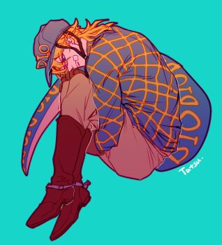 Rule 34 | 1boy, bandage on face, bandages, black gloves, blonde hair, blue background, blue eyes, boots, brown boots, closed mouth, diego brando, dinosaur boy, dinosaur tail, frown, gloves, grey pants, hand on own knee, hashtag-only commentary, helmet, hugging own legs, jojo no kimyou na bouken, male focus, medium hair, pants, simple background, solo, steel ball run, tail, tatsu (tatsumccree)