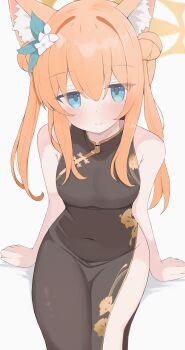 1girl absurdres alternate_costume animal_ear_fluff animal_ears black_dress blue_archive blue_eyes china_dress chinese_clothes commentary double_bun dress flower hair_bun hair_flower hair_ornament halo highres long_hair mari_(blue_archive) nui_(nuinui0300) orange_hair solo variant_set yellow_halo
