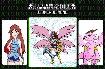 Rule 34 | 1other, 2012, 2girls, age difference, arm at side, asymmetrical clothes, bare shoulders, binary, biomerge, bracelet, breasts, buttons, character request, cleavage, clenched hand, clenched teeth, denim, denim shorts, digimon, digimon tamers, double-breasted, energy, facing viewer, female focus, full body, fusion, green eyes, hand on own hip, happy, jewelry, large breasts, legs, long hair, looking at viewer, matrix evolution, medium breasts, multiple girls, multiple wings, neck, orange hair, original, parted bangs, reference sheet, renlocks, shield, shirt, short shorts, shorts, sidelocks, sleeveless, sleeveless shirt, smirk, standing, sword, teeth, thighlet, thighs, v-neck, weapon, wings