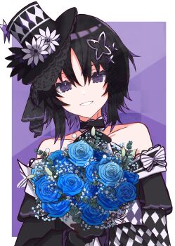 1girl absurdres bare_shoulders black_hair black_hat blue_flower blue_rose bouquet flower hair_ornament hat highres holding holding_bouquet housho_margo looking_at_viewer mahou_shoujo_no_majo_saiban mini_hat noir_(noire6959) purple_background purple_eyes rose smile solo upper_body