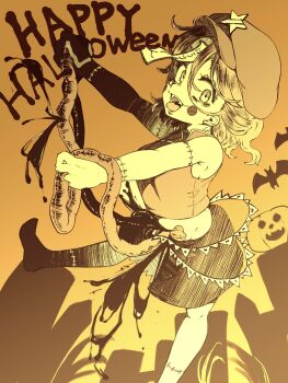 1girl bat_(animal) blood blush_stickers breasts newsboy_cap commentary_request foot_out_of_frame guro hair_between_eyes happy_halloween hat hat_ornament highres intestines jack-o&#039;-lantern jiangshi long_bangs looking_at_viewer medium_breasts miyako_yoshika ofuda open_mouth orange_theme pumpkin shika_miso shirt short_hair skirt sleeveless sleeveless_shirt smile solo star_(symbol) star_hat_ornament stitches teeth tombstone tongue tongue_out touhou upper_teeth_only