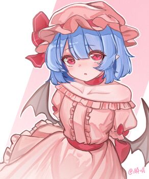 Rule 34 | 1girl, 2091966, absurdres, adapted costume, arms behind back, artist name, bat wings, blue hair, bow, chinese commentary, choker, collarbone, commentary request, dot nose, dress, dress bow, feet out of frame, frilled dress, frills, hat, hat ribbon, highres, looking at viewer, mob cap, off-shoulder dress, off shoulder, parted lips, pink dress, pointy ears, red bow, red choker, red eyes, red ribbon, remilia scarlet, ribbon, short hair, solo, touhou, two-tone background, wings