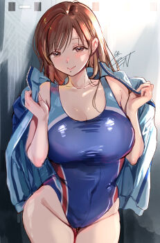1girl blue_one-piece_swimsuit breasts brown_eyes brown_hair cleavage commentary_request competition_swimsuit gen_(enji) highleg highleg_one-piece_swimsuit highres idolmaster idolmaster_cinderella_girls jacket jacket_on_shoulders large_breasts long_hair looking_at_viewer multicolored_swimsuit nitta_minami one-piece_swimsuit open_clothes open_jacket solo swimsuit