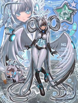 1girl android animal_ears black_boots black_gloves black_hair blue_eyes blunt_bangs boots breasts commission gloves grey_hair halo highres indie_virtual_youtuber long_hair looking_at_viewer mechanical_wings multicolored_hair poin_(goruchopame) robot robot_girl sample_watermark solo two-tone_hair very_long_hair virtual_youtuber watermark wings wire