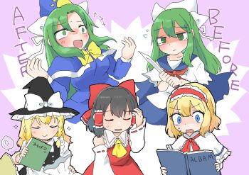 5girls absurdres alice_margatroid anger_vein apron ascot black_hair blonde_hair blue_capelet blue_dress blue_eyes blue_hat book bow bowtie braid capelet commentary_request detached_sleeves dress english_text engrish_text frilled_bow frilled_hair_tubes frills green_eyes green_hair hair_bow hair_tubes hairband hakurei_reimu hat hat_bow hieda_no_akyuu highly_responsive_to_prayers highres holding japanese_clothes kimono kirisame_marisa knife long_hair long_sleeves matsuri_(komatumarina) mima_(touhou) multiple_girls neckerchief nontraditional_miko open_mouth ranguage red_bow red_hairband red_neckerchief red_skirt ribbon ribbon_trim school_uniform serafuku short_hair short_sleeves side_braid single_braid skirt skirt_set smile spoken_anger_vein sun_print sun_symbol touhou touhou_(pc-98) waist_apron white_bow white_capelet witch_hat wizard_hat yellow_ascot yellow_bow yellow_bowtie