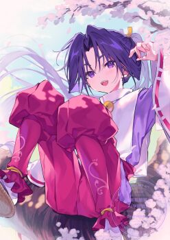 Rule 34 | 1boy, absurdres, commentary, highres, houjou tokiyuki (nige jouzu no wakagimi), japanese clothes, long hair, long sleeves, looking at viewer, nige jouzu no wakagimi, open mouth, oshioganen, purple eyes, purple hair, ribbon-trimmed sleeves, ribbon trim, solo, symbol-only commentary, wide sleeves