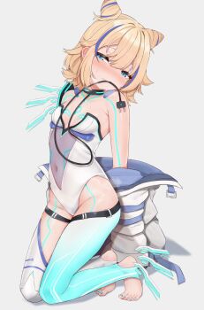 1girl absurdres alternate_breast_size_(smaller) blonde_hair blue_eyes breasts commentary cone_hair_bun covered_navel english_commentary hair_bun highres kaneko_lumi leotard multicolored_hair nail_polish phase_connect sleepypudding small_breasts solo streaked_hair toenail_polish toenails white_leotard