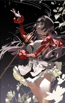 1girl arm_up astra_yao black_hair breasts commentary cowboy_shot dark_background dress english_commentary flower hair_intakes hairband highres holding holding_microphone jewelry leaf long_hair looking_up medium_breasts meltyrice microphone necklace open_mouth pearl_necklace red_shrug shrug_(clothing) solo sparkle strapless strapless_dress thigh_beads uneven_bangs unfinished white_dress white_flower white_hairband zenless_zone_zero