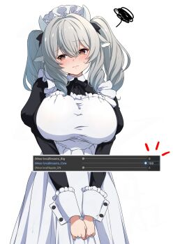1girl :s animal_ears apron black_dress blush breasts brown_eyes character_request check_character check_copyright closed_mouth commentary_request copyright_request cowboy_shot dress ears_down embarrassed english_text highres horns large_breasts long_sleeves maid maid_apron maid_headdress medium_hair milltina_(vrchat) nishizuki_shino notice_lines own_hands_together puffy_long_sleeves puffy_sleeves raised_inner_eyebrows simple_background solo squiggle two_side_up user_interface vrchat white_background white_hair white_wrist_cuffs wrist_cuffs
