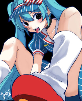 1girl absurdres aqua_hair black_background black_choker black_eyes blush bow choker collarbone commentary_request dress hair_between_eyes hair_bow hatsune_miku highres leg_warmers long_hair looking_at_viewer mai_mugi mesmerizer_(vocaloid) open_mouth puffy_short_sleeves puffy_sleeves red_shoes sharp_teeth shoes short_sleeves sidelocks signature simple_background solo striped_clothes striped_dress striped_hat teeth tongue tongue_out twintails vertical-striped_clothes vertical-striped_dress very_long_hair visor_cap vocaloid