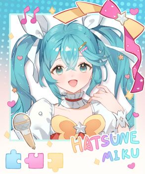 Rule 34 | 1girl, aqua eyes, aqua hair, blue border, border, bow, bowtie, brooch, character name, choker, collarbone, commentary request, crossed bangs, dot nose, eyelashes, frilled choker, frills, gradient border, hair between eyes, hair bow, hair ornament, hairclip, halftone, hand on own shoulder, happy, hatsune miku, hatsune miku expo, heart, heart print, highres, jewelry, lanlan zhi jiabing, light blush, light particles, lipstick, long hair, makeup, microphone, musical note, open mouth, orange border, outline, parallel hairclips, pink bow, pink lips, polaroid photo, print bow, puffy short sleeves, puffy sleeves, red choker, red vest, shirt, short sleeves, smile, solo, sparkle, square neckline, star (symbol), star brooch, star print, twintails, two-tone border, two-tone bow, upper body, very long hair, vest, vocaloid, wavy hair, white background, white bow, white outline, white shirt, white wrist cuffs, wrist cuffs, yellow bow, yellow bowtie