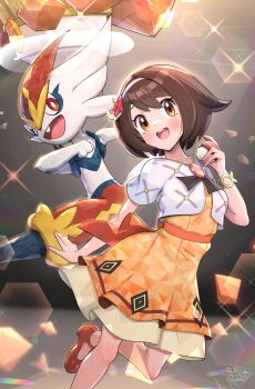 1girl 1other absurdres blush bracelet breasts brown_eyes brown_hair cinderace dress flower furry gen_8_pokemon gloria_(anniversary_2025)_(pokemon) gloria_(pokemon) gonzarez hair_flower hair_ornament hairband highres holding holding_poke_ball jewelry nintendo official_alternate_costume open_mouth orange_dress poke_ball poke_ball_(basic) pokemon pokemon_(creature) pokemon_masters_ex shoes short_hair short_sleeves smile sparkle teeth terastallization upper_teeth_only white_dress white_hairband