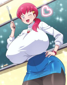 1girl absurdres ai-assisted alternate_breast_size_(larger) alternate_costume black_pantyhose blue_skirt board_eraser breasts chalkboard commentary_request commission gigantic_breasts hair_ornament hair_over_shoulder hairpin heart highres hitokiwa_kenchin huge_breasts looking_at_viewer medium_hair nintendo one_eye_closed pantyhose pink_eyes pink_hair pixiv_commission pokemon pokemon_hgss revision shirt skirt smile solo white_shirt whitney_(pokemon)