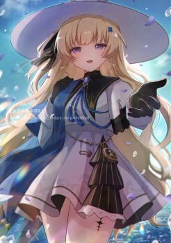 Rule 34 | 0roshioji3ran, 1girl, black bow, black collar, black gloves, blonde hair, bow, breasts, collar, commentary request, cowboy shot, dress, gloves, hair bow, hair ornament, hat, highres, long hair, looking at viewer, medium breasts, open mouth, phoebe (wuthering waves), purple eyes, reaching, reaching towards viewer, smile, solo, tacet mark (wuthering waves), very long hair, white dress, white hat, wuthering waves, x hair ornament