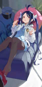 1girl antenna_hair blue_archive blue_hair bow commentary couch donut donut-shaped_pillow female_service_cap food fubuki_(blue_archive) hair_bow halo hat herakuchi highres holding holding_donut holding_food indoors jacket long_hair long_sleeves necktie on_couch on_pillow open_mouth pantyhose pink_halo police police_hat police_uniform red_eyes shoe_dangle solo twintails very_long_hair white_bow white_jacket
