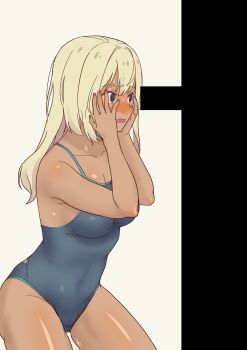 1girl absurdres bar_censor blonde_hair blue_eyes blush breasts censored competition_swimsuit daipunch dark-skinned_female dark_skin galzaki-san_(daipunch) hands_on_own_face highres large_breasts long_hair one-piece_swimsuit original penis_awe ringed_eyes sexually_suggestive sweat swimsuit
