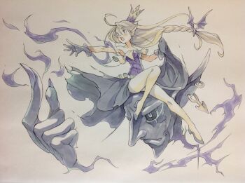 1boy 1girl ahoge bare_legs bare_shoulders bat_hair_ornament black_eyes black_gloves black_sclera black_shoes black_skin black_skirt braid colored_sclera colored_skin commentary_request crown demon_boy disembodied_hand disembodied_head earrings fingernails floating_hair frilled_leotard frills giant giant_male gloves green_eyes hair_between_eyes hair_ornament highres jewelry leotard long_fingernails long_hair low-braided_long_hair low-tied_long_hair mars_symbol_earrings nose on_head open_mouth original outstretched_arm person_on_head peter_salt pointy_ears purple_leotard shoes showgirl_skirt single_braid sitting sitting_on_head sitting_on_person skirt skirt_hold strapless strapless_leotard torn_clothes torn_skirt traditional_media very_long_hair