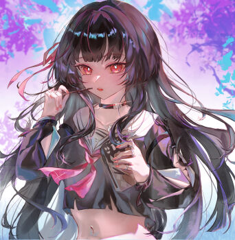 1girl absurdres black_choker black_hair black_shirt breasts chisa_(wuthering_waves) choker commentary_request crop_top fingernails food hair_ribbon highres holding holding_food holding_pocky inari427 long_fingernails long_hair looking_at_viewer medium_breasts mole mole_under_eye navel neckerchief open_mouth pocky red_eyes red_neckerchief red_ribbon ribbon sailor_collar shirt solo stomach upper_body white_sailor_collar wuthering_waves