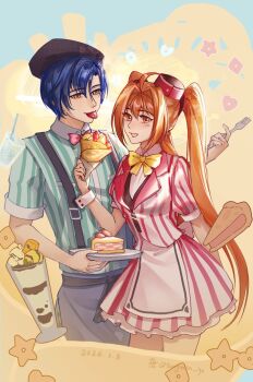 1boy 1girl alternate_costume black_hair brown_hair couple dessert diner eiyuu_densetsu estelle_bright falcom food hair_intakes hashtag-only_commentary highres joshua_bright official_alternate_costume open_mouth server simple_background sora_no_kiseki tangmen_igo twintails