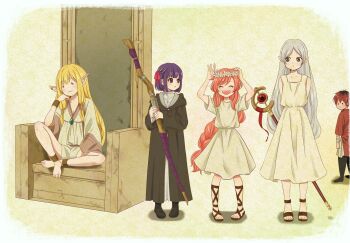 ._. 1boy 4girls :3 =_= ^_^ ankle_strap arms_up barefoot black_coat black_pants black_shoes blonde_hair bob_cut border braid chair closed_eyes closed_mouth coat commentary_request dot_nose dress earclip elbow_rest elf fern_(sousou_no_frieren) flamme_(sousou_no_frieren) frieren green_dress green_shirt green_shorts grey_hair hair_down hair_ribbon hair_tubes hand_rest head_wreath highres holding holding_staff long_hair long_sidelocks looking_at_another looking_back looking_to_the_side mage_staff multiple_girls no_nose official_alternate_hairstyle on_chair open_mouth pants parted_lips pointy_ears purple_hair rapi_(rapikani0503) red_hair red_ribbon red_shirt ribbon sandals serie_(sousou_no_frieren) shirt shoes short_hair short_sleeves shorts sidelocks sideways_glance single_braid sitting smile sousou_no_frieren staff standing stark_(sousou_no_frieren) straight_hair time_paradox turning_head very_long_hair very_short_hair white_border white_dress wide_sleeves