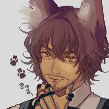 1boy animal_ear_fluff animal_ears beard_stubble brown_hair commentary_request crossed_bangs dark-skinned_male dark_skin facial_hair gnosia grey_background highres jonas_(gnosia) looking_at_viewer male_focus nime_kitajima paw_print portrait short_hair simple_background slit_pupils smile solo splint stubble wolf_boy wolf_ears yellow_eyes
