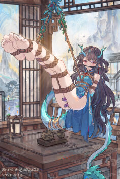1girl absurdres anal anal_object_insertion arknights arms_behind_back artist_name barefoot bdsm blue_dress blush bondage bound bound_ankles bound_arms bound_calves bound_legs china_dress chinese_clothes chinese_commentary cleave_gag cloth_gag commentary_request cup dated dildo dildo_harness double_penetration dragon_girl dragon_horns dragon_tail dress drooling dusk_(arknights) dusk_(everything_is_a_miracle)_(arknights) earrings female_focus gag gagged green_horns highres horns improvised_gag jewelry long_hair looking_at_viewer multicolored_hair nero_augustus object_insertion pelvic_curtain pointy_ears pussy_juice pussy_juice_drip pussy_juice_puddle pussy_juice_trail red_eyes restrained saliva saliva_trail sex_toy shibari shibari_over_clothes side_slit solo streaked_hair suspension table tail tassel tassel_earrings teacup teapot toes vaginal vaginal_object_insertion very_long_hair