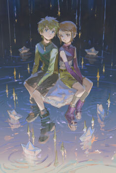 Rule 34 | 1boy, 1girl, araka101, bare shoulders, blonde hair, blue eyes, brown eyes, brown hair, commentary request, digimon, digimon adventure 02, green shirt, highres, pink shirt, rain, shirt, short hair, shorts, sitting, takaishi takeru, trait connection, yagami hikari, yellow shirt, yellow shorts