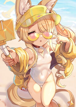 1girl :o animal_ear_fluff animal_ears bare_shoulders beach blonde_hair blue_archive breasts cellphone collarbone commentary_request day fox_ears fox_girl fox_tail halo highres holding jacket long_hair long_sleeves nail_polish off_shoulder one-piece_swimsuit open_clothes open_jacket outdoors parted_lips phone pink_nails puffy_long_sleeves puffy_sleeves red_eyes sand seia_(blue_archive) seia_(swimsuit)_(blue_archive) selfie selfie_stick side_ponytail small_breasts solo standing sunglasses swimsuit swimsuit_under_clothes tail very_long_hair visor_cap water white_one-piece_swimsuit xephonia yellow_jacket