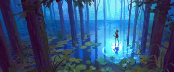 1girl absurdres forest grass hades_(series) hades_2 highres horizon lily_pad melinoe_(hades) nature outdoors reflection ripples scenery solo tree very_wide_shot wading water yingshiart