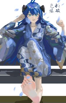 1girl arknights barefoot blue_eyes blue_hair feet highres horns japanese_clothes kimono long_hair looking_at_viewer mostima_(arknights) secaibaopo smile soles toes
