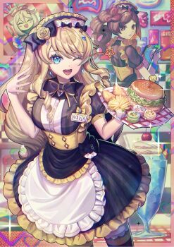 "pick_what_you_like!"_(genshin_impact) 3girls :d ;d alternate_costume apron black_bow black_bowtie black_dress black_headdress blonde_hair blue_eyes bow bowtie brown_eyes brown_hair burger character_name chiori_(genshin_impact) clipboard closed_eyes commentary_request cowboy_shot diner dress drill_hair earrings english_text fingernails fish_(food) fish_and_chips flower food fork french_fries frilled_apron frilled_dress frills genshin_impact golden_chicken_burger_(genshin_impact) hair_bow hair_flower hair_ornament halo hands_up heart highres holding holding_clipboard holding_fork holding_knife holding_pen holding_tray jewelry knife kozou_kazaru long_hair looking_at_viewer looking_to_the_side macaron multiple_girls navia_(genshin_impact) one_eye_closed open_mouth paimon_(genshin_impact) pen smile teeth tray upper_teeth_only very_long_hair waist_apron waitress white_apron white_hair yellow_flower