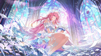 1girl as_i&#039;ve_written_(honkai:_star_rail) bare_shoulders blue_hair book breasts chinese_commentary closed_mouth commentary_request cyrene_(honkai:_star_rail) cyrene_(ripples_of_past_reverie)_(honkai:_star_rail) dress gradient_hair highres holding holding_book honkai:_star_rail honkai_(series) kuuus long_hair medium_breasts multicolored_hair open_book pink_hair pointy_ears purple_eyes sidelocks sitting smile solo very_long_hair white_dress