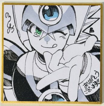 Rule 34 | 1boy, armor, axl (mega man), chest jewel, forehead jewel, green eyes, helmet, highres, mega man (series), mega man x (series), monochrome, no-rishio, one eye closed, photo (medium), shikishi, solo, spiked hair, spot color, tongue, tongue out, traditional media, upper body