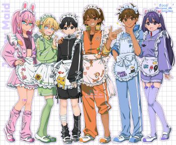 Rule 34 | 2girls, 4boys, alternate costume, alternate eye color, alternate hairstyle, antenna hair, aubrey (faraway) (omori), aubrey (omori), bandaid, bandaid on knee, bandaid on leg, basil (faraway) (omori), basil (omori), big yellow cat (omori), black eyes, black hair, blonde hair, blue eyes, bright pupils, brother and sister, brothers, brown eyes, brown hair, closed mouth, collarbone, commentary request, crop top, dark-skinned male, dark skin, double-parted bangs, ear piercing, enmaided, garter straps, green theme, grin, hair between eyes, hand on own hip, hector (omori), hero (faraway) (omori), hero (omori), jersey maid, kel (faraway) (omori), kel (omori), leg warmers, long hair, long sleeves, looking at viewer, maid, maid headdress, mari (faraway) (omori), mari (omori), maromichan, multiple boys, multiple girls, omori, one eye closed, open mouth, partially unzipped, piercing, pink hair, pink leg warmers, ponytail, purple thighhighs, short hair, short sleeves, siblings, sidelocks, smile, something (omori), spoilers, sunny (omori), sweatdrop, teeth, thighhighs, tongue, twitter username, unconventional maid, unzipped, white pupils, zipper