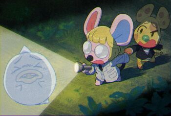 >_< 1boy 1girl animal_crossing animal_ears black_necktie blonde_hair blunt_bangs bow bowl_cut bowtie buck_teeth chadder_(animal_crossing) chibikemo commentary_request film_grain flashlight furry furry_female furry_male ghost glasses grass holding holding_flashlight kopa_nishikida lab_coat long_sleeves looking_at_another mouse_boy mouse_ears mouse_girl mouse_tail necktie night nintendo opaque_glasses open_mouth outdoors petri_(animal_crossing) raised_inner_eyebrows red_bow red_bowtie round_eyewear scared shadow short_hair standing sweatdrop tail teeth triangular_headpiece wisp_(animal_crossing)