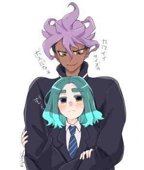 2boys aqua_hair bad_tag black_jacket blue_necktie blush brown_eyes collared_shirt dark-skinned_male dark_skin highres hug hug_from_behind inazuma_eleven_(series) inazuma_eleven_victory_road jacket kojou_shion male_focus medium_hair multicolored_hair multiple_boys necktie sakurazaki_jouji sasanami_unmei shirt simple_background striped_necktie translation_request two-tone_hair upper_body white_background white_shirt
