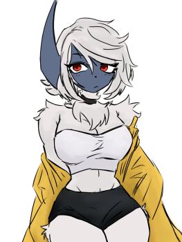 1girl absol black_shorts breasts cleavage closed_mouth dolphin_shorts furry furry_female gen_3_pokemon highres jacket medium_breasts mun_rue nintendo open_clothes open_jacket personification pokemon pokemon_(creature) red_eyes short_hair shorts simple_background solo strapless tube_top white_background white_hair white_tube_top yellow_jacket