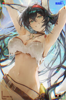 1girl animal_ears arknights belt bikini black_hair blaze_(arknights) blaze_(summer)_(arknights) blue_sky breasts brown_belt cat_ears cat_girl character_name cleavage commentary green_eyes hairband highres jewelry large_breasts long_hair navel necklace official_alternate_costume onedr recording red_hairband shirt sky smile solo stomach swimsuit torn_clothes torn_shirt very_long_hair white_bikini white_shirt