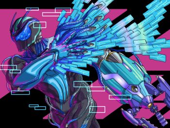 1boy armor black_background black_bodysuit black_helmet blue_armor blue_eyes bodysuit cowboy_shot helmet highres kamen_rider kamen_rider_zeztz kamen_rider_zeztz_(series) mechanical_arms simple_background single_mechanical_arm solo yamanaka_man