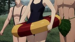 2boys 4girls animated bikini blonde_hair breasts brown_hair cleavage darkness_(konosuba) highres kono_subarashii_sekai_ni_shukufuku_wo! leaf long_hair megumin multiple_boys multiple_girls navel one-piece_swimsuit outdoors school_swimsuit short_hair swimsuit tagme video wiz_(konosuba) yunyun_(konosuba)