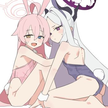2girls absurdres ahoge alternate_costume animal_ear_hairband animal_ears arm_support ass bare_arms bare_legs bare_shoulders barefoot black_halo black_horns blue_archive blue_eyes blush_stickers closed_mouth demon_girl demon_horns detached_collar dot_nose fake_animal_ears fake_tail fang feet flat_chest grey_hair hair_between_eyes hair_over_shoulder hairband half-closed_eyes halo heterochromia highleg highleg_leotard highres hina_(blue_archive) horns hoshino_(blue_archive) huge_ahoge kneeling knees_up leotard loli long_hair looking_at_viewer multiple_girls multiple_horns no_wings open_mouth oversized_breast_cup parted_bangs pink_hair pink_hairband pink_halo pink_leotard playboy_bunny purple_eyes purple_hairband purple_leotard rabbit_ears rabbit_tail simple_background sitting smile soles strapless strapless_leotard sweatdrop tail thighs toriko_(honmono) very_long_hair white_background wrist_cuffs yellow_eyes